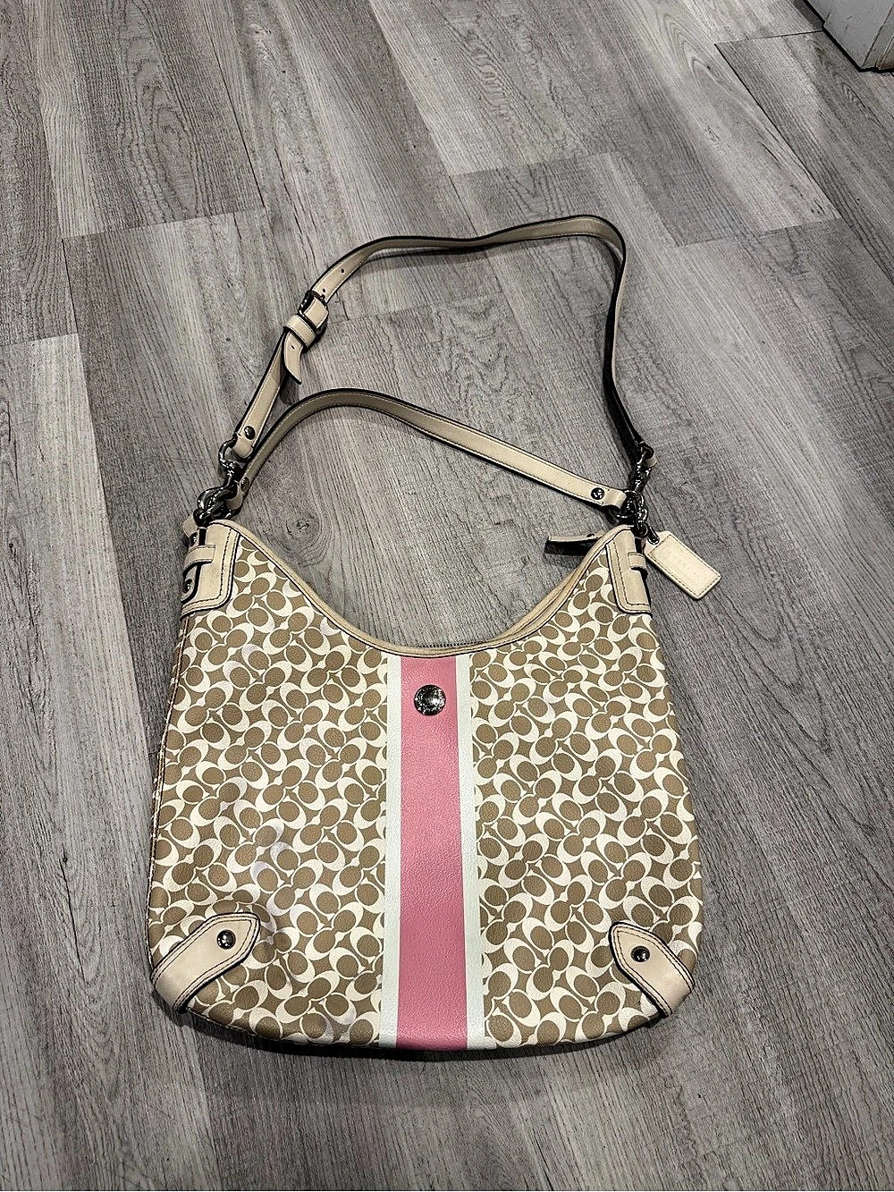 VINTAGE Coach Signature Stripe Hobo Bag Beige & Pink
